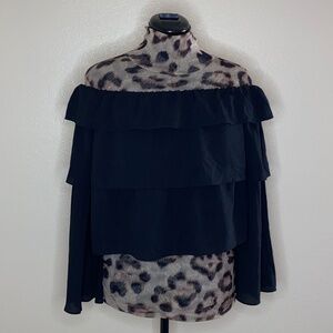 Storee Black Flowy Ruffle Layered Off Shoulder Crop Top Flare 3/4 Sleeve M